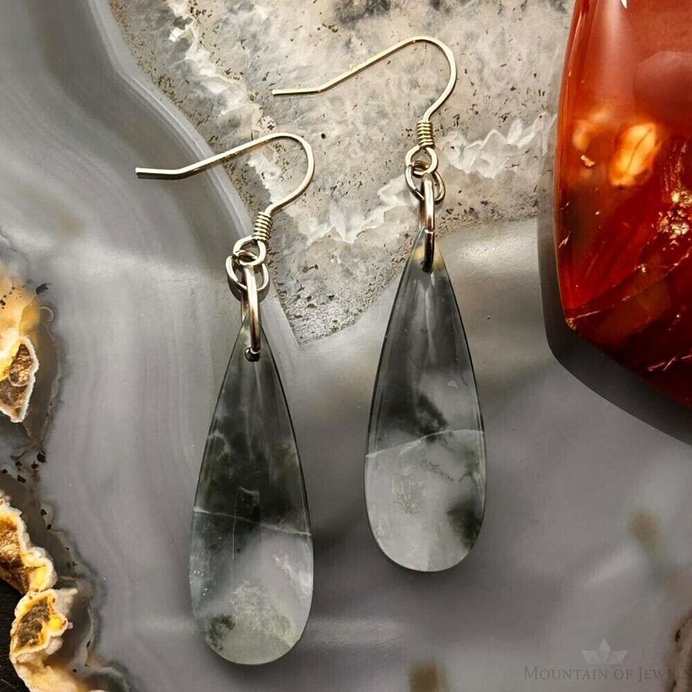 Sterling Silver Elongated Teardrop Moss Agate Slab Dangle Earrings For Women 328